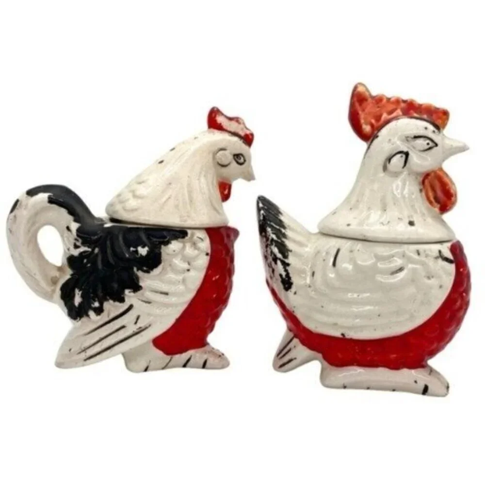 Vintage Artmark Japan Hen & Rooster Cream Sugar Bowl Salt Pepper Shaker